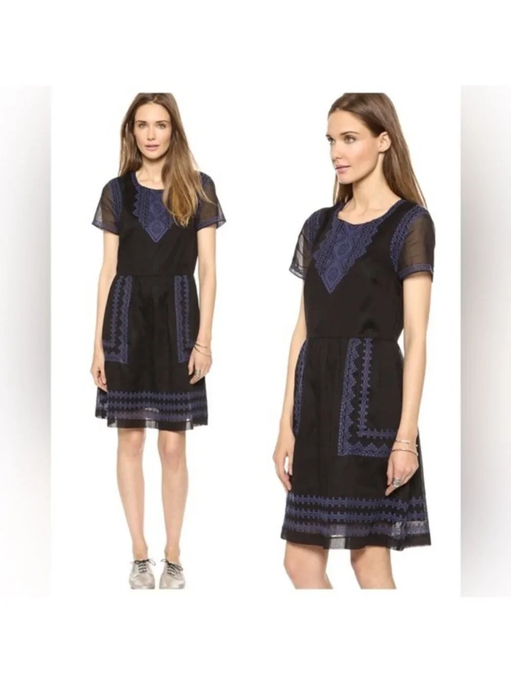 Madewell Augustine Embroidered Short Sleeve Dress Black Blue Size 6 Pockets